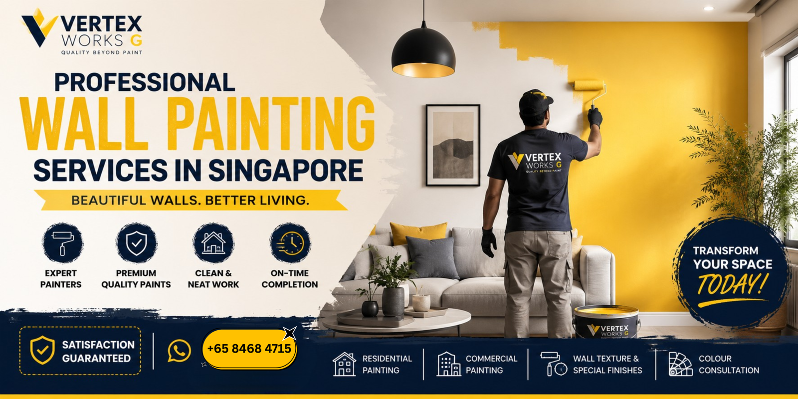 Professional wall painting services in Singapore with premium quality house paints by Vertex Works