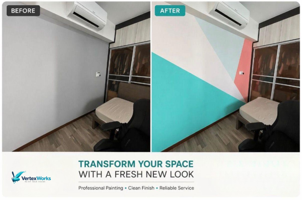 Before and after geometric wall painting design for HDB living room in Singapore
