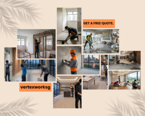 Vertex Works renovation portfolio collage showcasing professional home improvement and masonry projects in Singapore