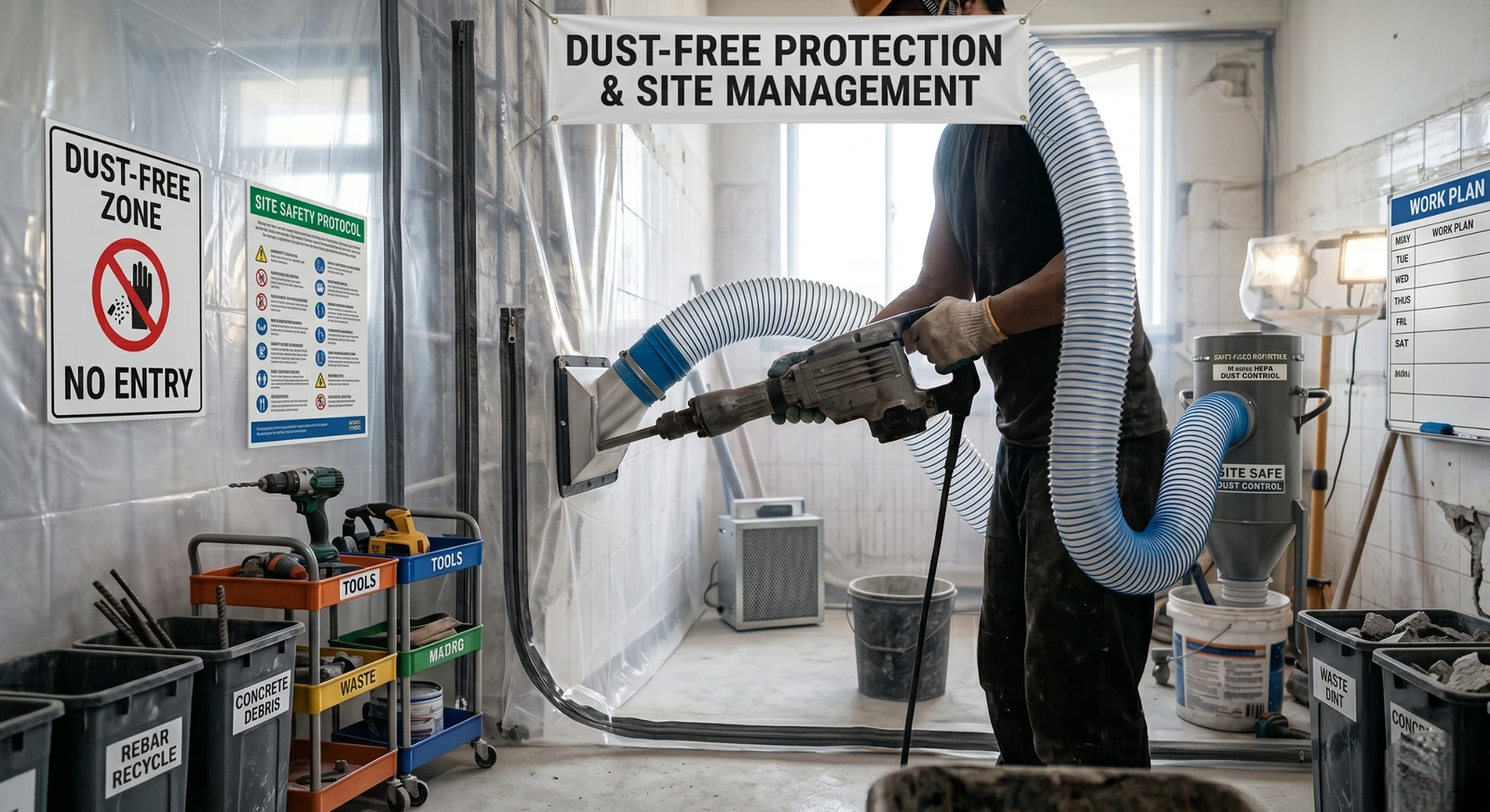 Advanced dust free hacking protection with commercial vacuum site management in Singapore