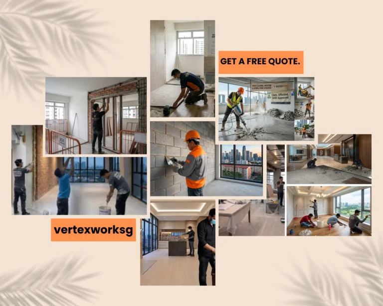 Vertex Works renovation portfolio collage showcasing professional home improvement and masonry projects in Singapore
